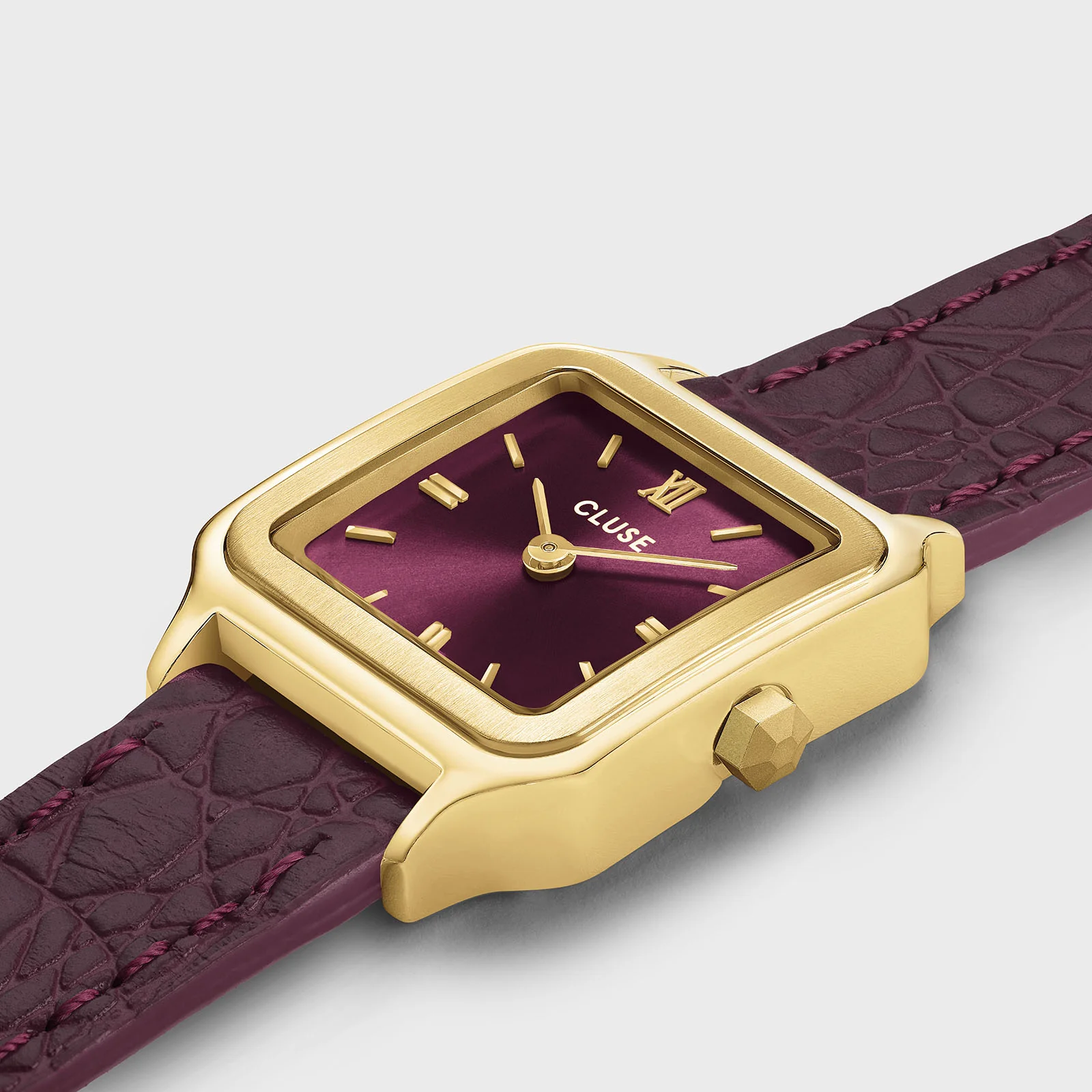Reloj CLUSE Gracieuse Petite Watch Double Crocodile Leather, Wine, Gold Colour - Imagen 3