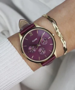 Alternative view of Reloj CLUSE Minuit Multifunction Watch Leather, Dark Cherry Lizard, Gold Colour